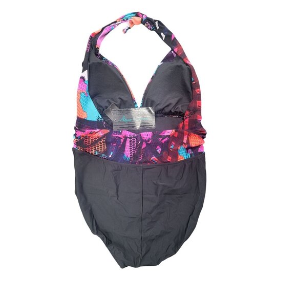 Aqua Green Womens Halter One-Piece Swimsuit With Black & Multicolor Abstract Des - Picture 3 of 7